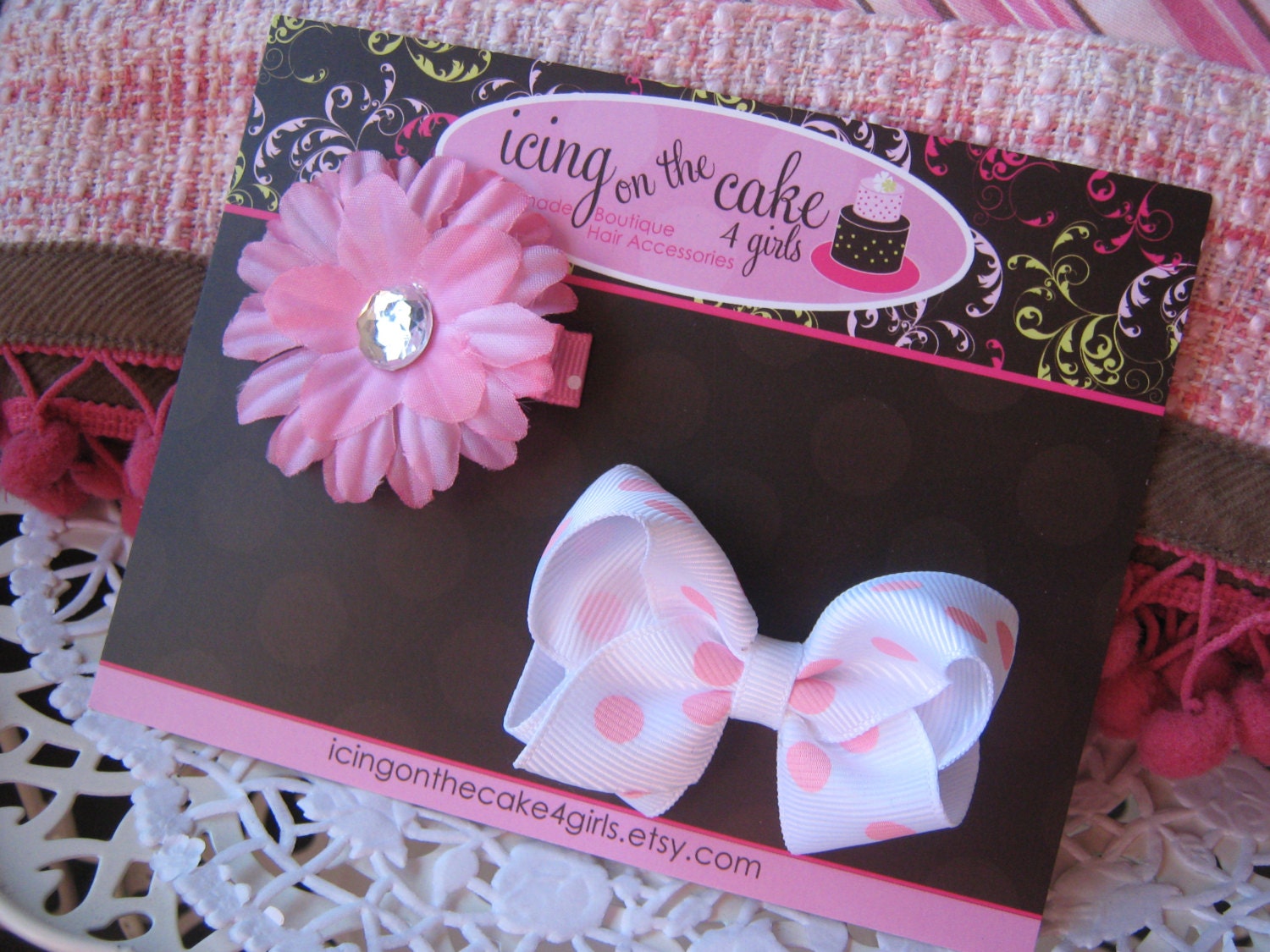 Super Cute Starter Gift Set...Petite Light Pink Flower with Crystal Center and Petite White Bow with light pink Polka Dots
