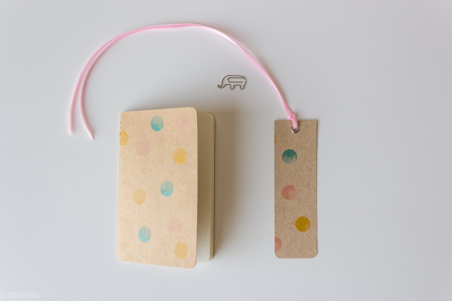 Small polkadot notebook - Hand printed dots in teal pink yellow - Blank moleskine and mini bookmark