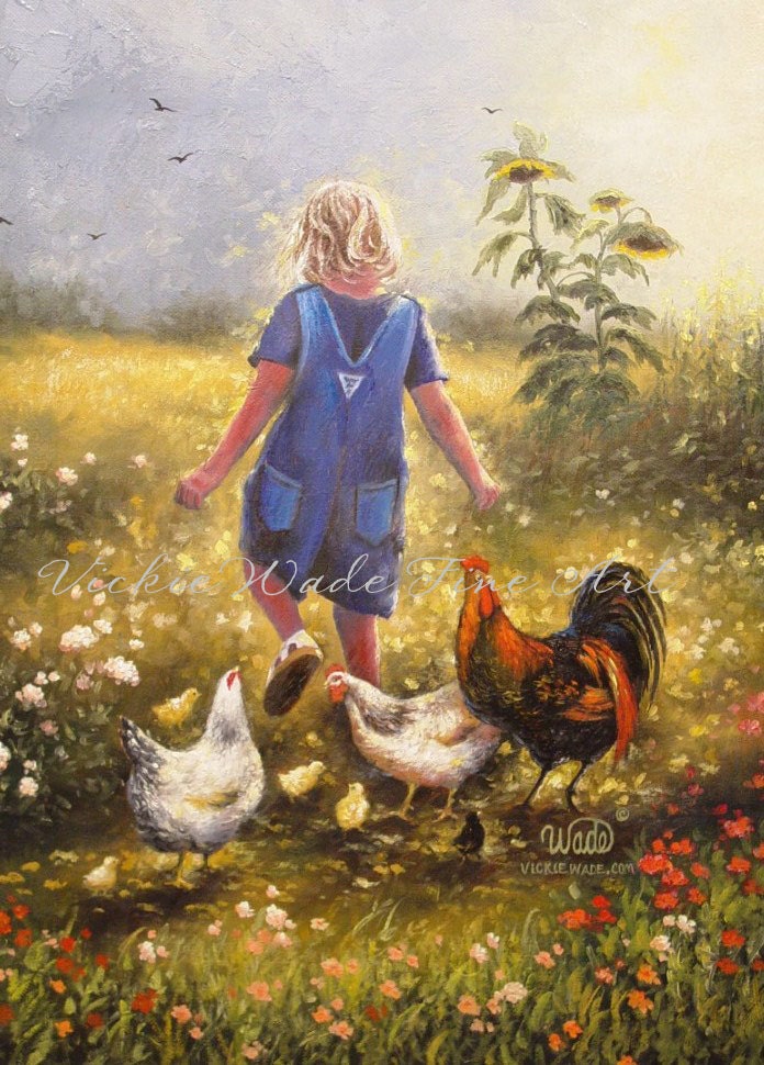Country Girl Art Print blonde girl wall art kids art, childrens wall decor, chickens, sunflowers, Vickie Wade art