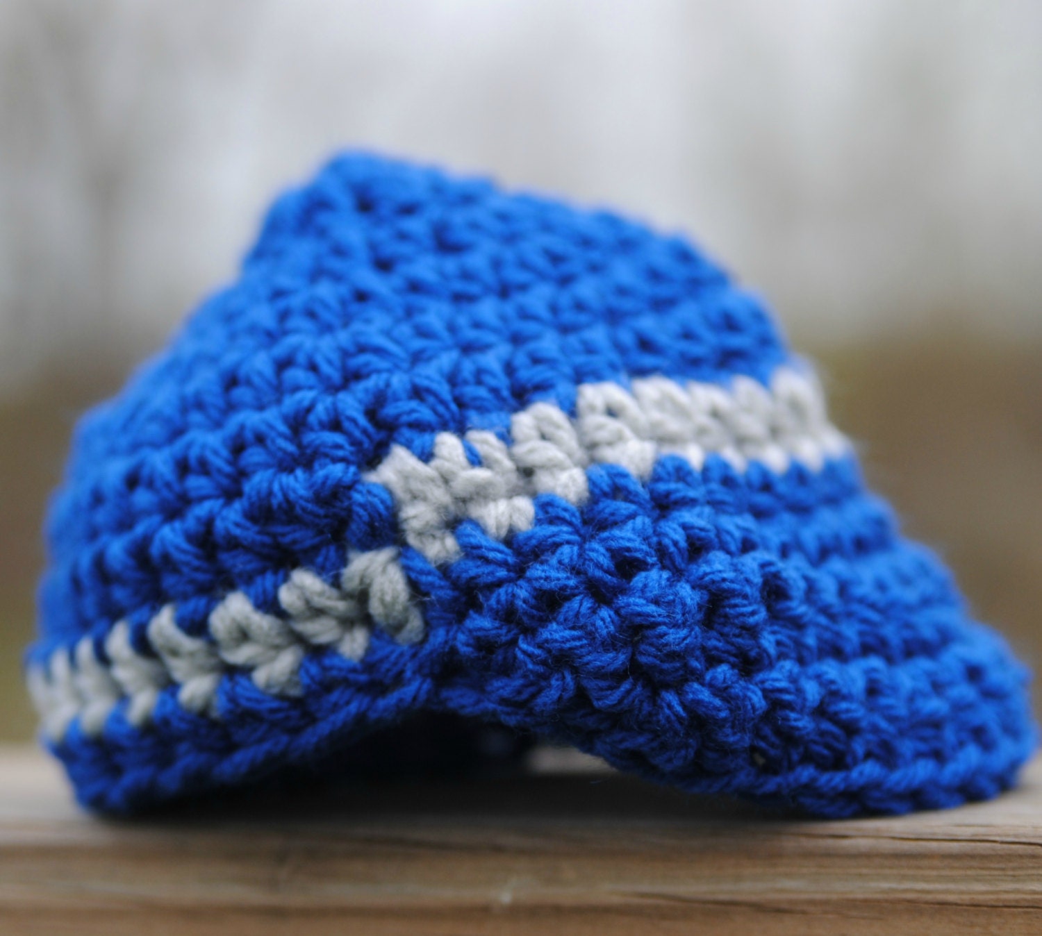 Blue and Gray Infant Newsboy Cap Newborn Hat Baby Beanie Crochet Visor Brim Take home Shower gift Photo prop Team Spirit