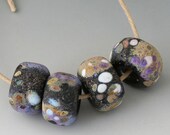 Rustic Sedona - (4) Handmade Lampwork Beads - Black, Purple - Etched, Matte
