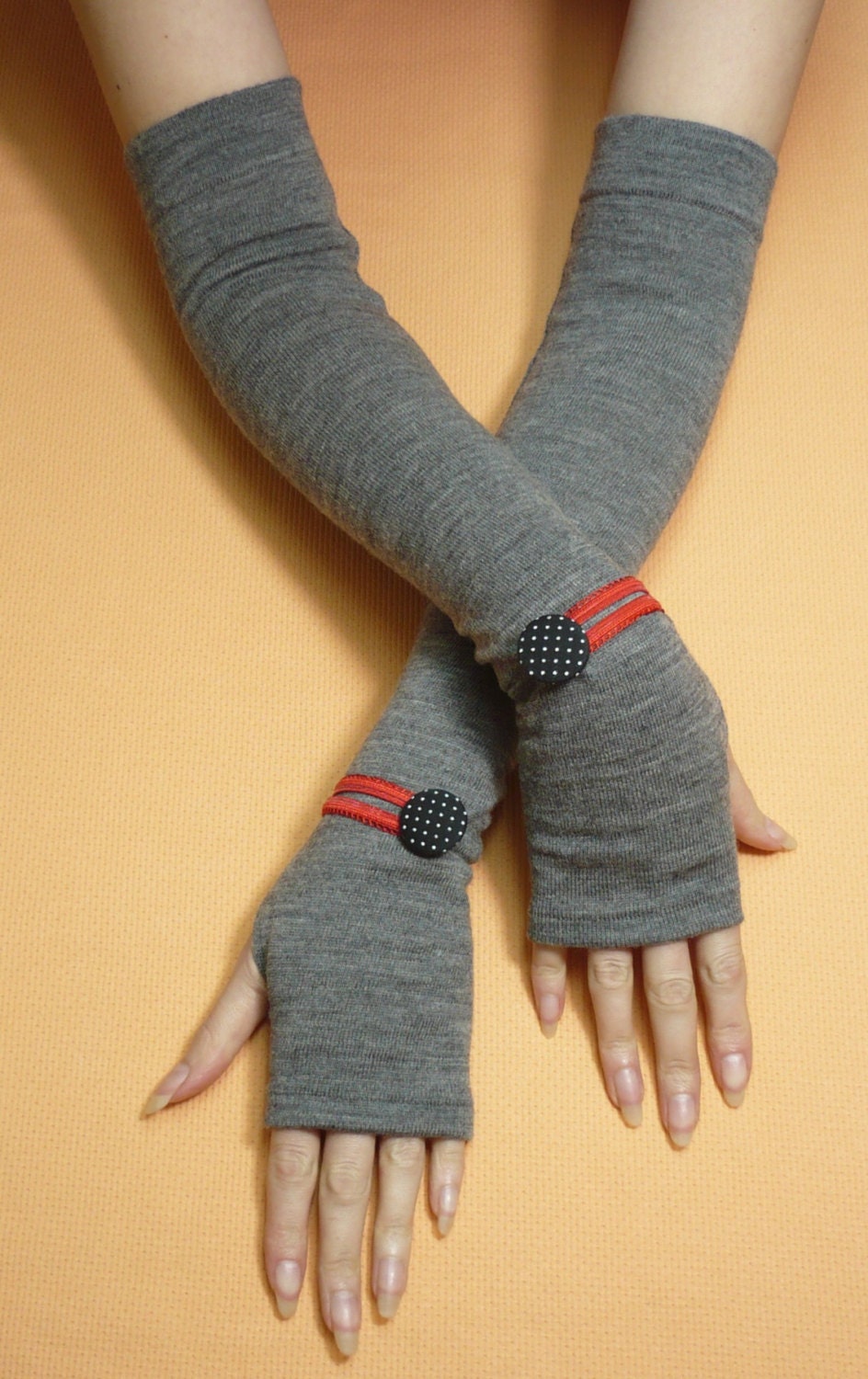 Long Grey Fingerless Gloves with Polka Dot Buttons, Boho Armwarmers, Tattoo Covers, Ladie's Sleeves