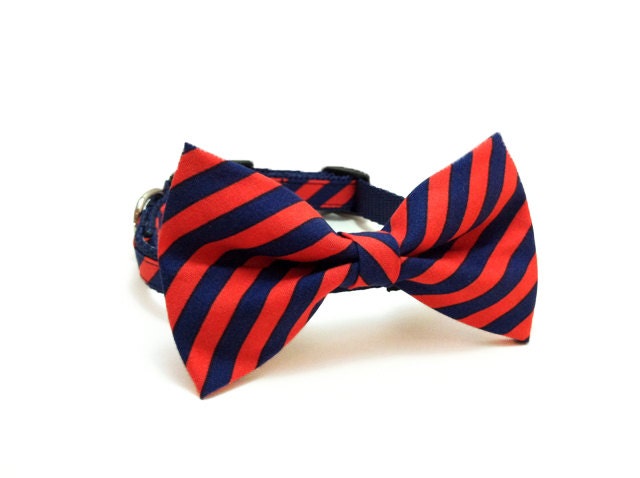 Dog Bow Tie Collar - Preppy Stripes Navy & Red