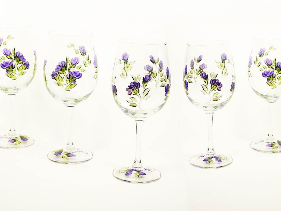 Bridesmaid Gift Wine Glasses - Hand Painted Purple Roses, Green Leaves, 12 oz Set of 5 - Summer Wedding Maid Matron Honor