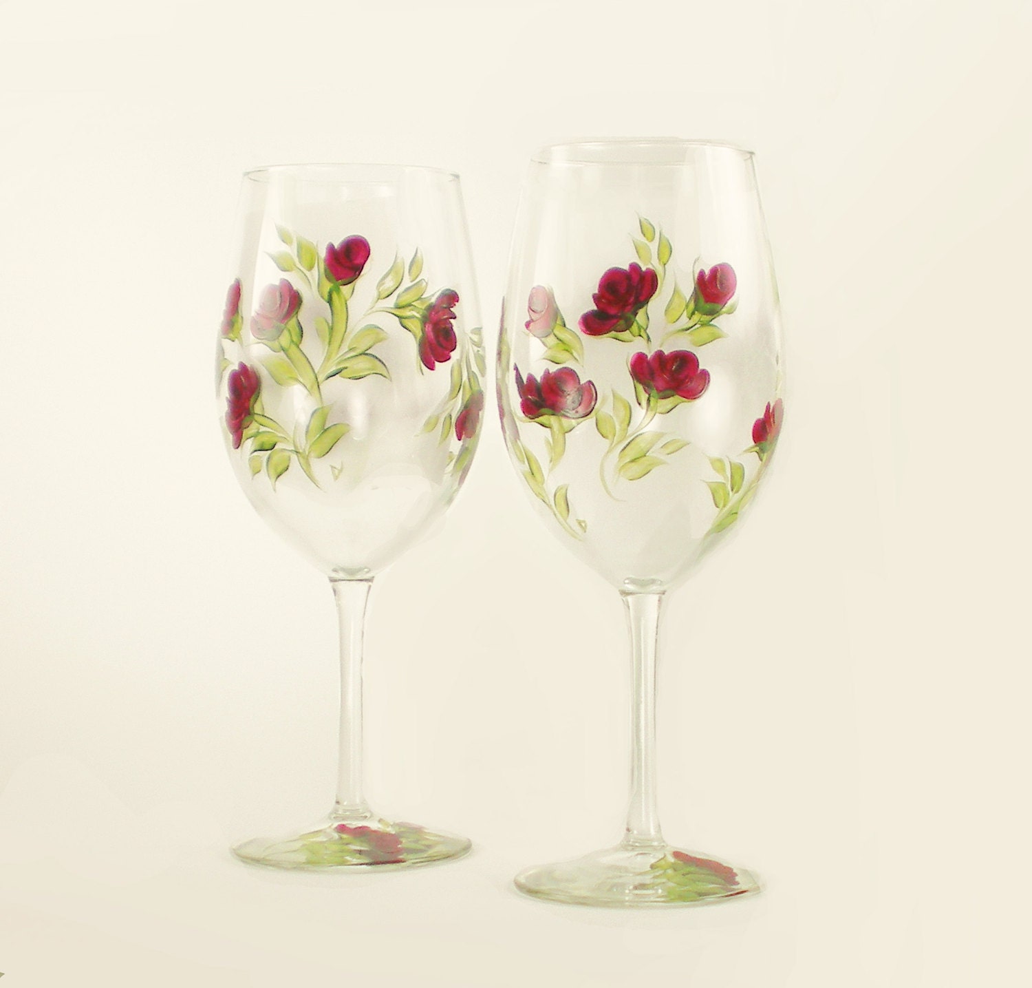 Bridesmaid Gift Wine Glasses - Hand Painted Burgundy Red Roses, Green Leaves - Set of 8 - Anniversary Gift Winter Wedding Party Personalize