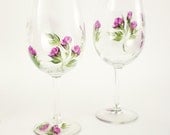 Hand Painted Wine Glasses - Graceful Climbing Purple Roses, Spring Green Leaves, Set of 4 - Violet Plum Spring Mothers Day