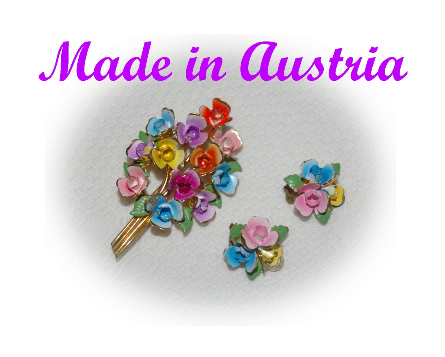 Flower Bouquet Brooch  Matching Clip on Earrings Stamped Austria on each piece  Vintage 1960's