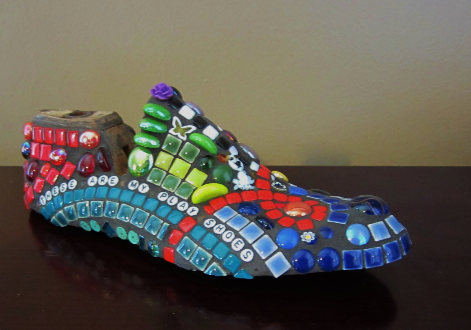 Mosaic Play Shoes .   rainbow colors and fun saying on upcycled shoe last