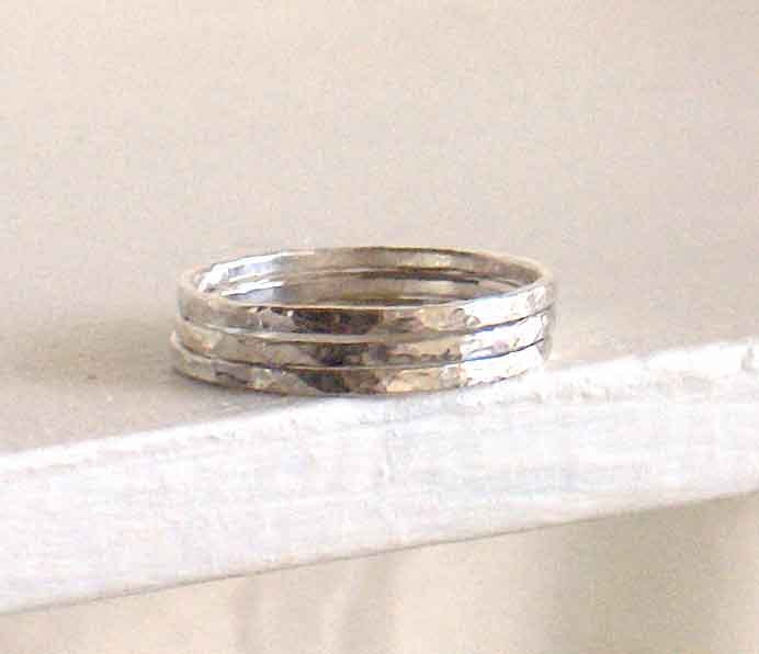 3 Sterling Silver Stacking Band Rings - Eco Friendly Sterling Silver - Slender Narrow Hammered Band Stacking Rings - Made to Order