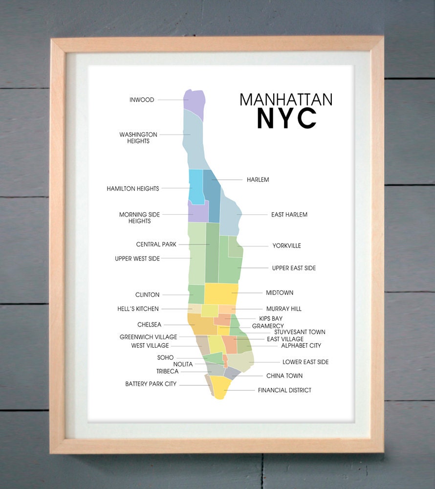 Manhattan Neighborhood Map ART PRINT (various sizes available -  11x14 - 16x20 inches)