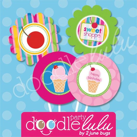 DIY Party Decorations Printable Ice Cream/Birthday Party Circles / CUPCAKE toppers - 8 Designs from DOODLELULU by 2 june bugs