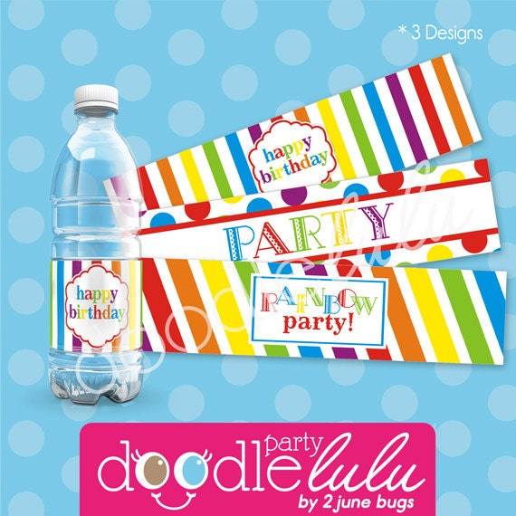 DIY Printable Rainbow Party Water Bottle Labels / Wraps - 5 Text Versions/Designs from DOODLELULU by 2 june bugs Il_170x135