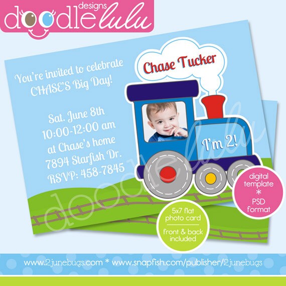 Digital Printable 5x7 Choo Choo Train Birthday Invitation Card Template (Photoshop) PSD Il_570xn