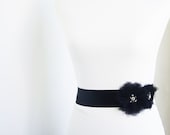 Bridal Sash Belt in BLACK with crystals and pearls - Black Flower Satin Bridal Belt