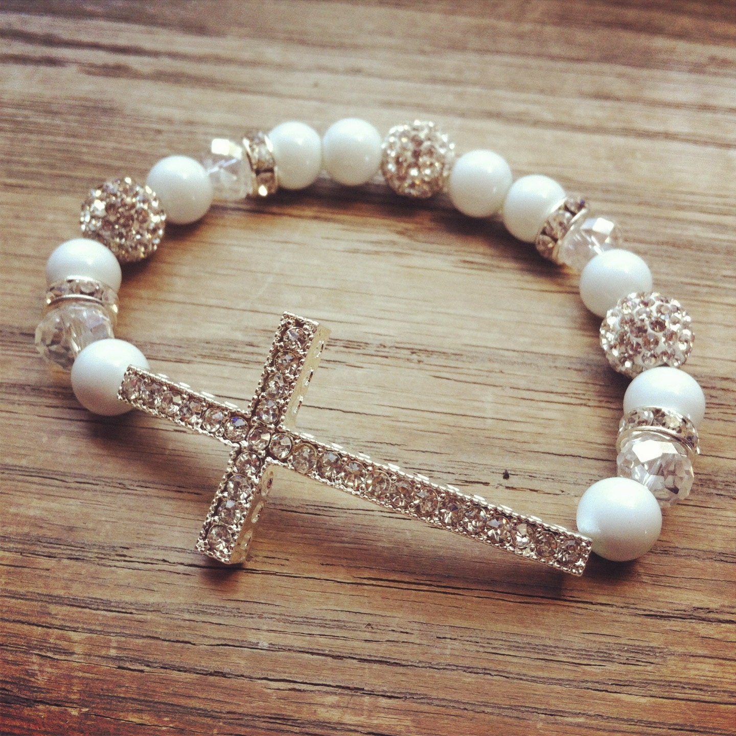 White Beaded Rhinestone Cross Bracelet - Bridal Accessory