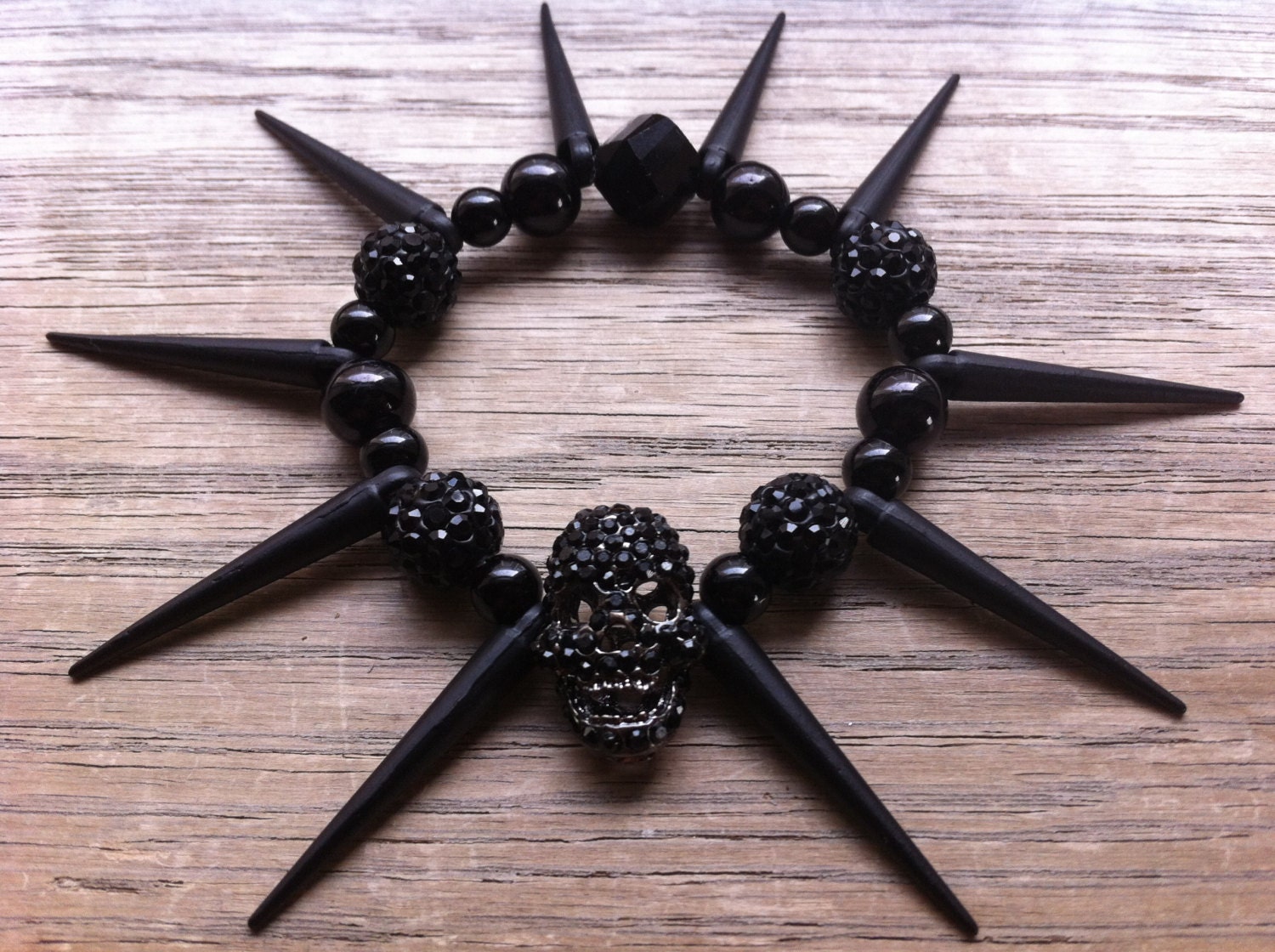 Black Beaded Skull Spike Bracelet