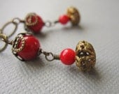 Red Coral Earrings Vintage Filigree Dangle