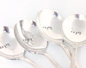 Soup Spoons, Enjoy,  Cereal Spoon, Ice Cream Spoon, Hand Stamped Silverware,  - Eco Friendly, Cottage Chic Beach House Living