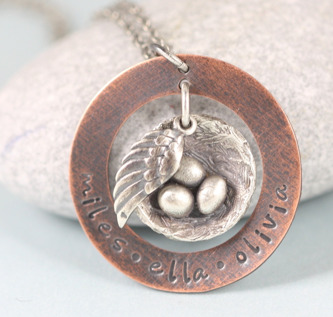 Hand Stamped Names Bird Nest Necklace Mothers Day Personalized Childrens Names Handmade Sterling Silver