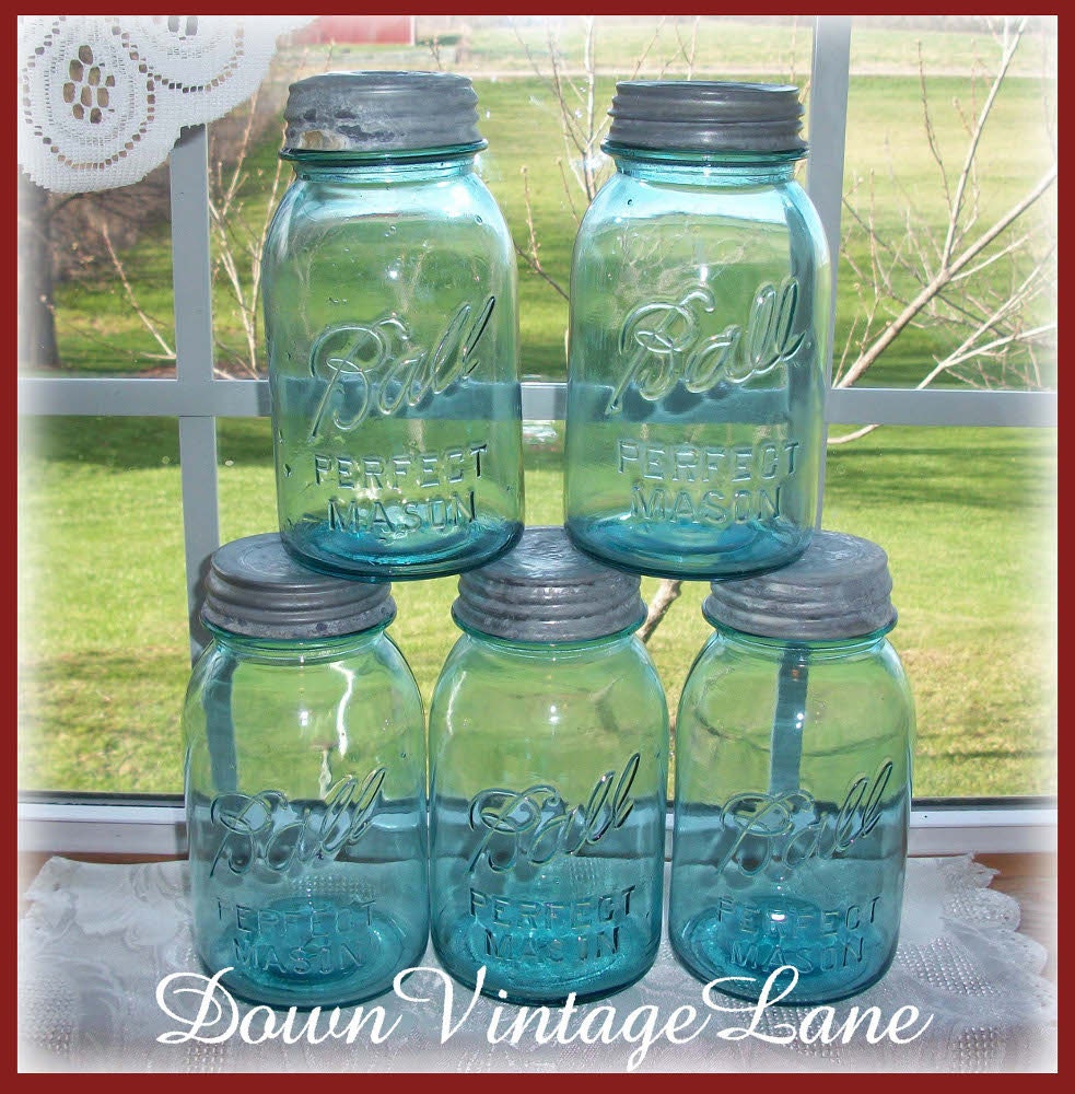5 Blue Jars BALL Mason QUART Size Vintage
