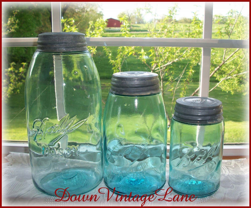 Blue Jars BALL MASON Half Gallon, Quart, Pint with Zinc Lids Sloped Shoulder