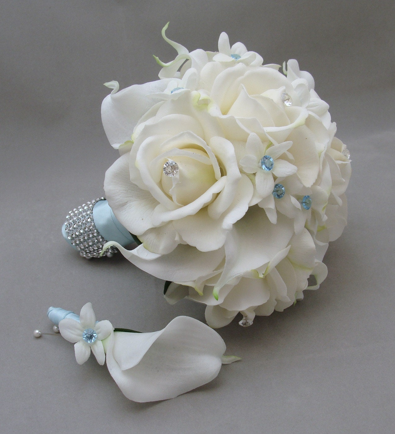 Blue Wedding Flower Package Bridesmaid Bouquet Groomsman Boutonniere Silk Stephanotis Real Touch Roses Real Touch Calla Lilies