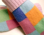 Color Blocks felted wool mittens: warm, recycled wool lined with soft purple fleece.  Ladies M