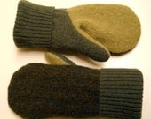 Camouflage Greens felted wool mittens: cozy mittens lined with soft fleece.  Made from recycled sweaters.  Kids Small.