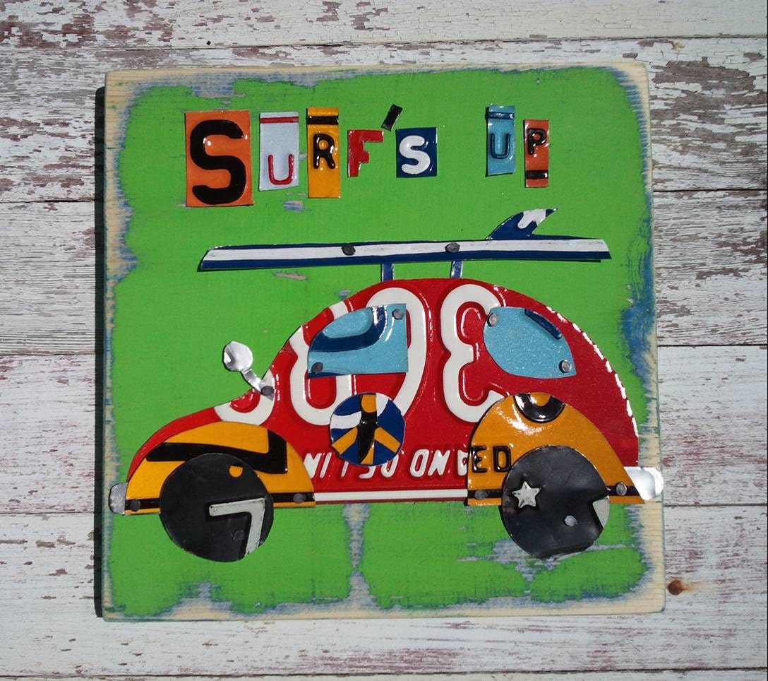 Surf's up Lime Green Red VW BUG Car Surfboard Surfer Beach Nursery Boy Word Block Sign Custom Funky States License Plate Art Recycled