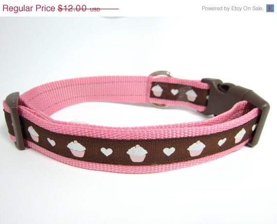 ON SALE Pink Chocolate Cupcake Dog Collar, 1 inch wide, glitter, brown, vanilla, sweet, small, medium, large, XL, Xxl, martingale