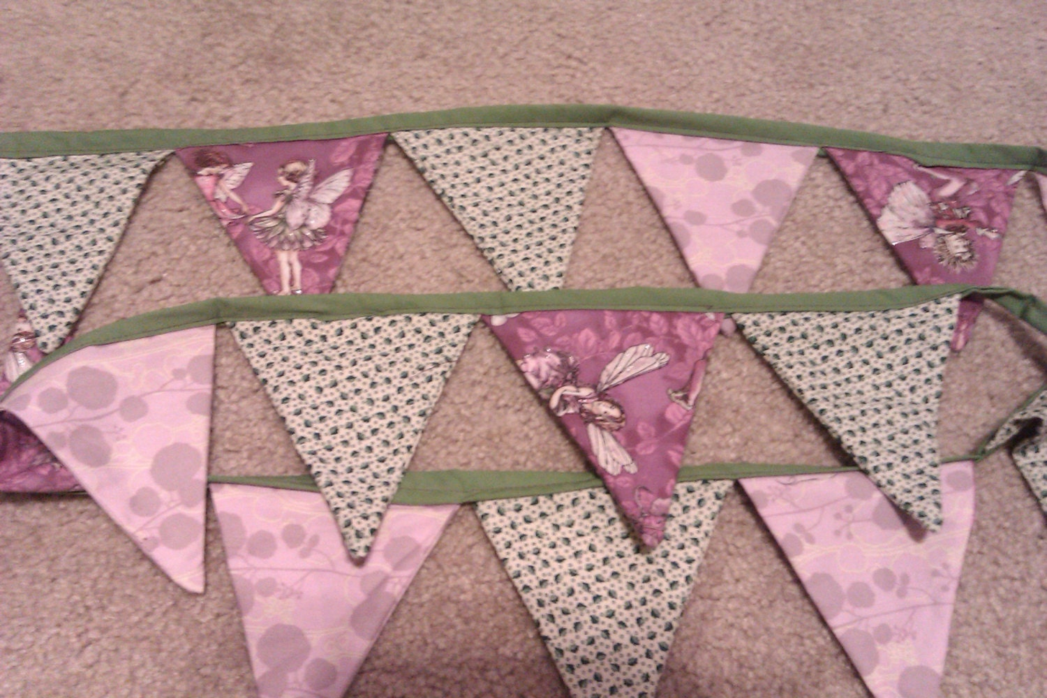 Purple Pink and Green Fairy Fabric Bunting Flag , cecily mary barker , 8' childrens room wall hanging or party decoration , prayer flag