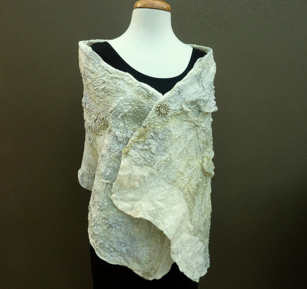 Elegant Silver Silk and Wool Felted Wrap or Stole. Evening Fashion Scarf. Nuno Felt