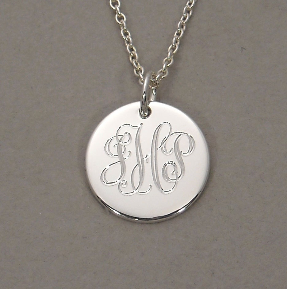Personalized engraved pendant necklace triple initial sterling silver 1/2 inch round circle disc charm UDLOS