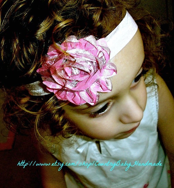 ON SALE...Baby Headband Pink and Silver...Newborn Headband...Baby Flower Headband...Pink Headband...Shabby Rose Headband