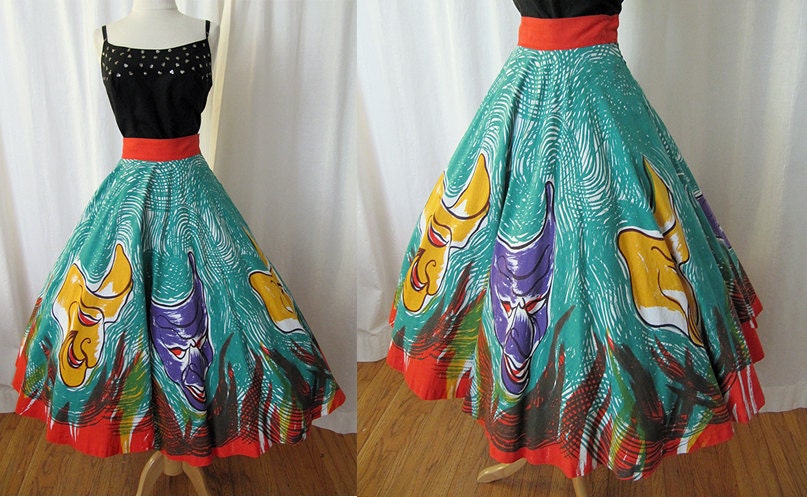 Fun 1950's Hand Painted Novelty Cotton Mexican Skirt Vintage Unique VLV Rockabilly Pinup Girl Swing Size- Medium