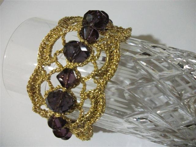 Golden Crochet, Damson Beady Bracelet And Earrings