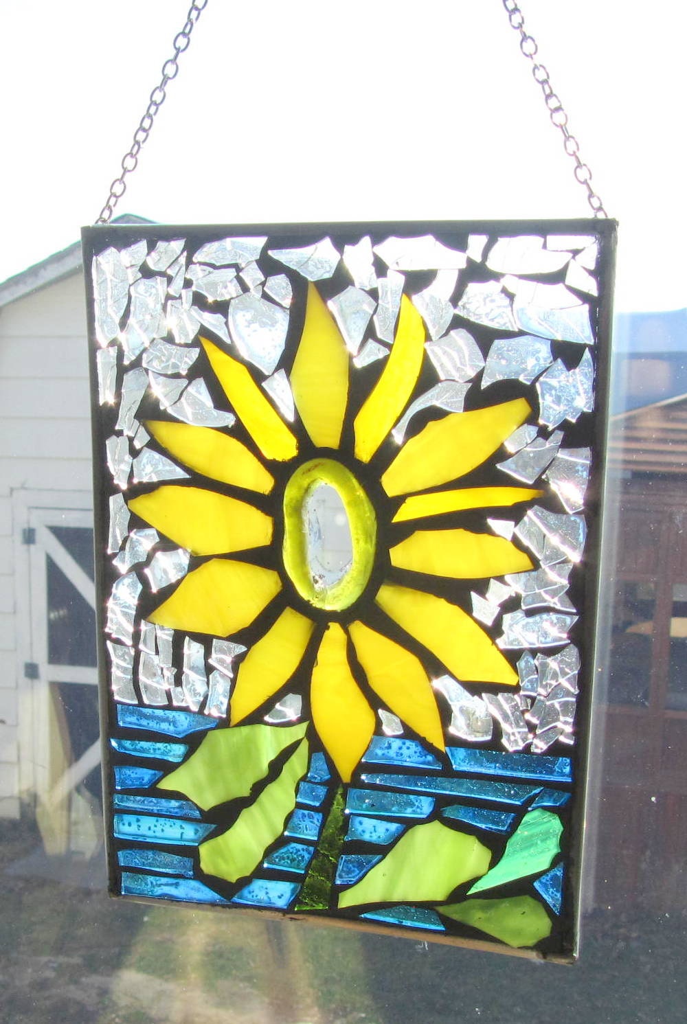 Yellow Flower- with clear center  Mosaic Stained Glass SunCatcher or wall Decoration