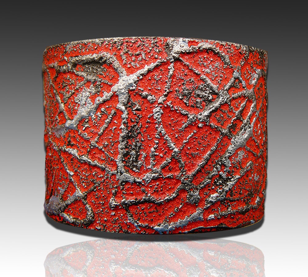 Strawberry red, black chrome and ice blue polymer clay cuff bracelet