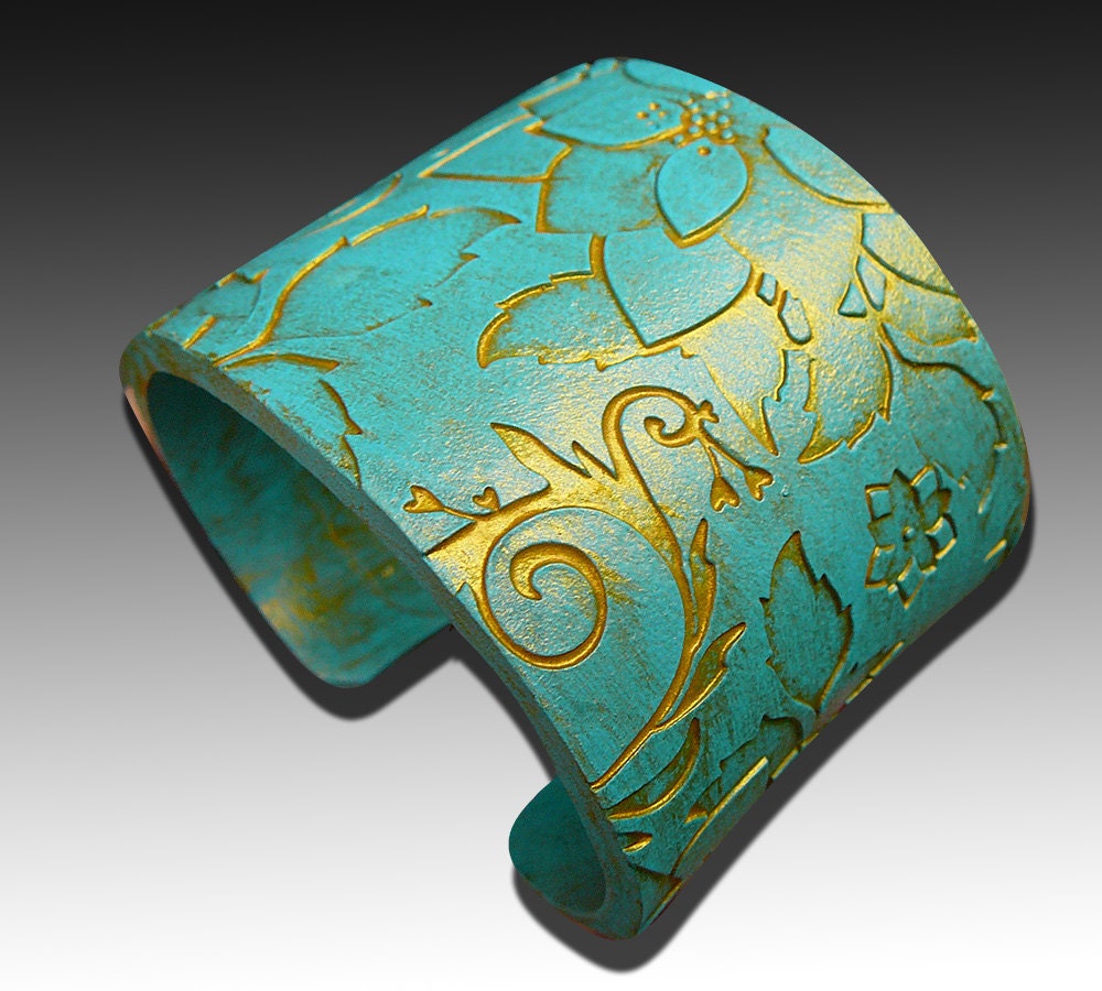 Handmade Indian turquoise and gold polymer clay cuff bracelet