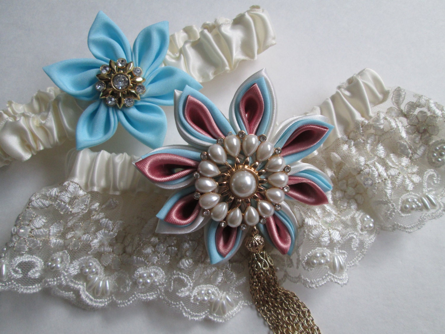 Bridal Wedding Garters, Ivory Satin Garter, Ivory Lace Garter, Pearled/Beaded Lace Garter, Heirloom Garter, Kanzashi in Ivory/Blush/Blue
