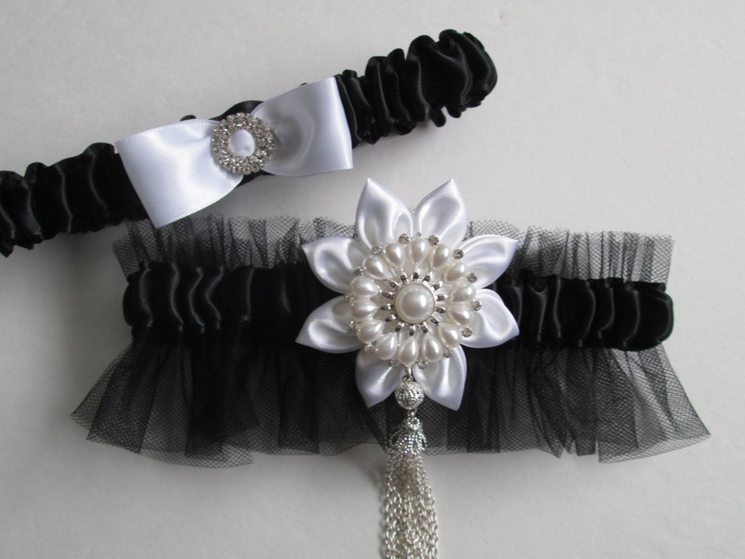 Bridal Wedding Garters, Black Satin Garter, Tulle Garter, Black & White Satin Garter, Pearled Garter, Heirloom Garter, Rhinestone Garter