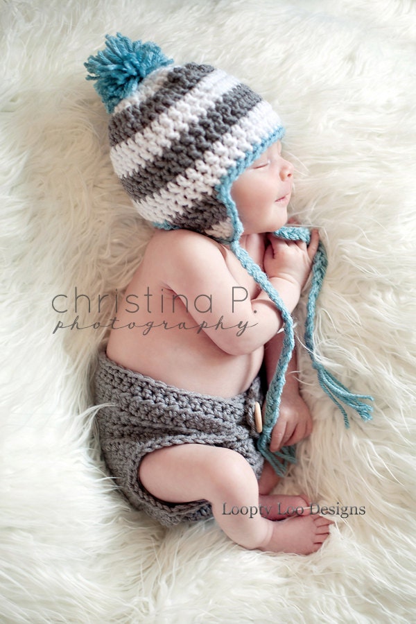Baby Crochet Earflap Hat and Diaper Cover Set, brown diaper cover, boy hat, beanie, striped hat, -Sizes NEWBORN TO 12 MONTHS  -more colors
