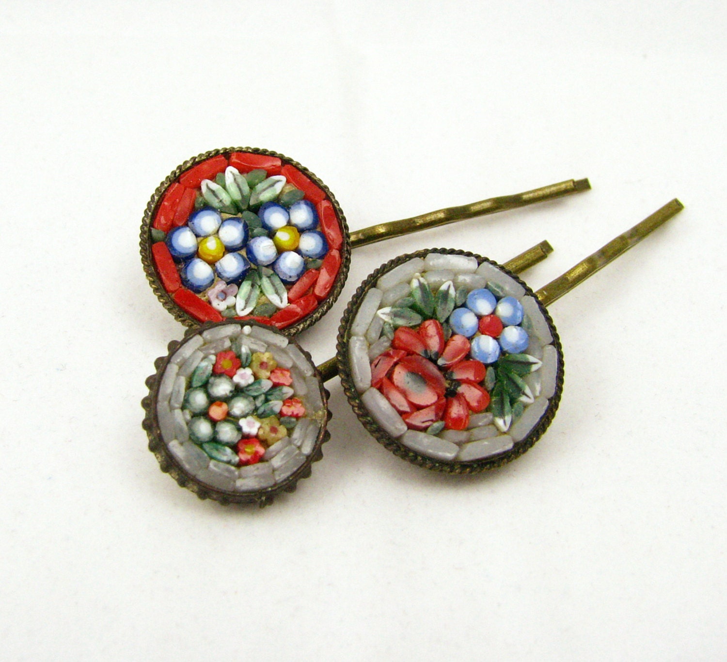 Colorful flower bobby pins . micro mosaic hair accessories . upcycled repurposed vintage . bridal hair . best friend mothers day gift