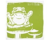Wall Art, Green Frog Framed Cloth Print, 19 inch Bark Cloth Silk Screened