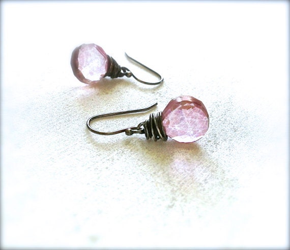 Pink purple mystic quartz faceted teardrop wire wrapped oxidized sterling silver petite drop - flushed