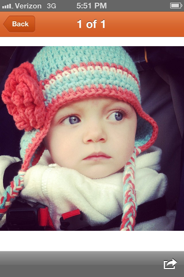 2T-4T girl hat robins egg blue earflap beanie with cherry blossom stripe and flower