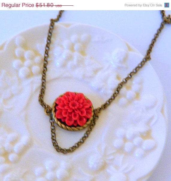 SALE 4 Red Flower Necklaces - Antique Bronze Cabochon - Bridesmaids Gifts