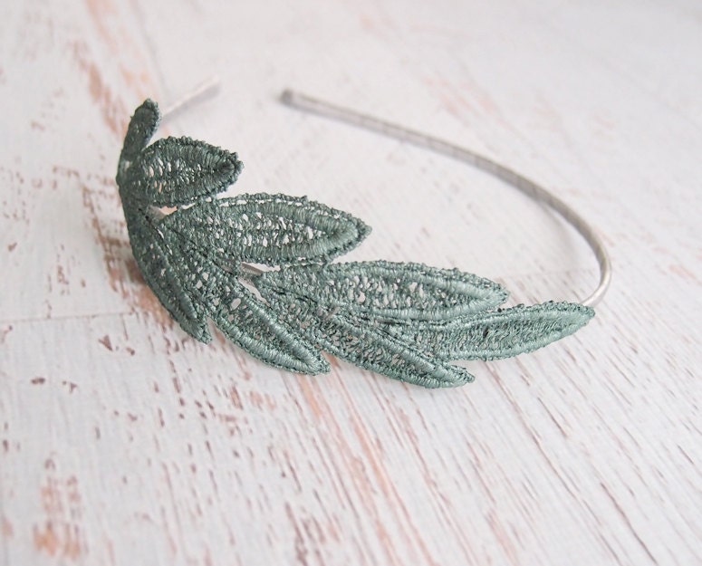 Lace Headband - Ariadne in Patina Green Blue - Metallic Leaf Bridesmaid Fascinator - Hair Accessory For Her