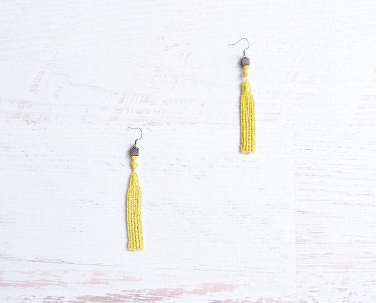 Neon Lace Earrings - Neon Yellow Tassel Earrings - Gemetric Simple Jewelry
