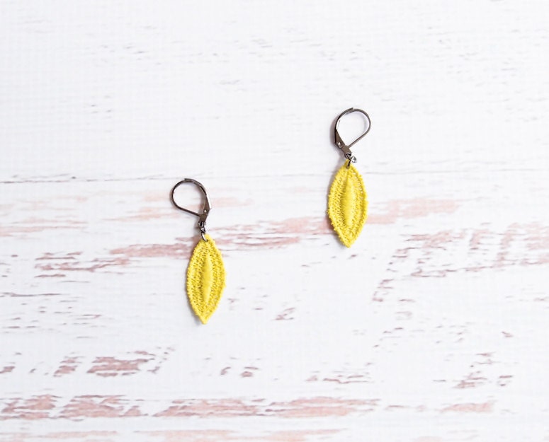 Lace Earrings - Aisling - Neon Yellow Lace Oval Earrings - Small Simple Lace Jewelry